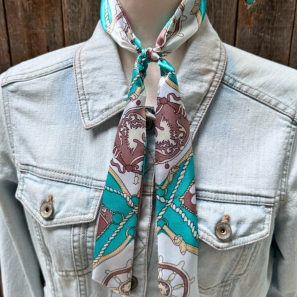 Turquoise Nautical Pattern Western Skinny Cowgirl Mini Wild Rag Scarf Necktie